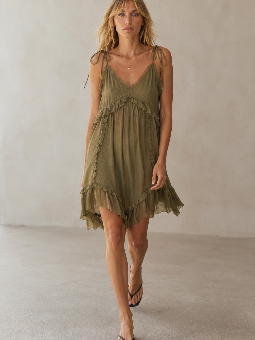 THE KOOPLES Silk Ruffle Empire Waist Mini Dress Olive FR 3